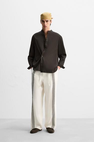 100% LINEN TROUSERS WITH STRIPES - Oyster-white by Zara - Image 0