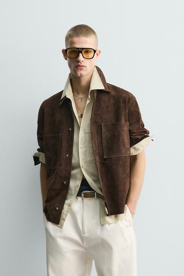 SUEDE LEATHER OVERSHIRT WITH POCKETS - Brown by Zara