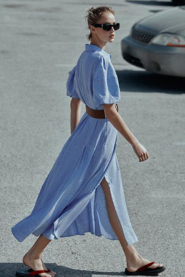 MIDI LINEN BLEND DRESS WITH BELT - Blue by Zara