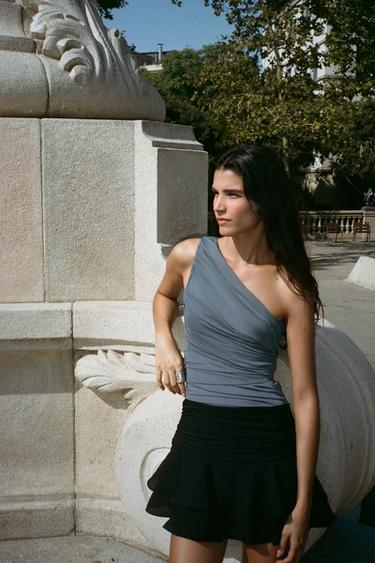 ASYMMETRIC DRAPED TULLE BODYSUIT - Blue / Grey by Zara