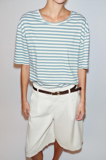 STRIPED SHORT SLEEVE T-SHIRT - Ecru / Blue by Zara