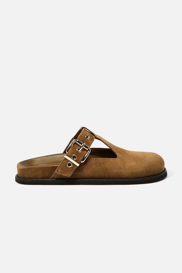 BUCKLE DETAIL SPLIT SUEDE CLOGS - Sand Brown by Zara