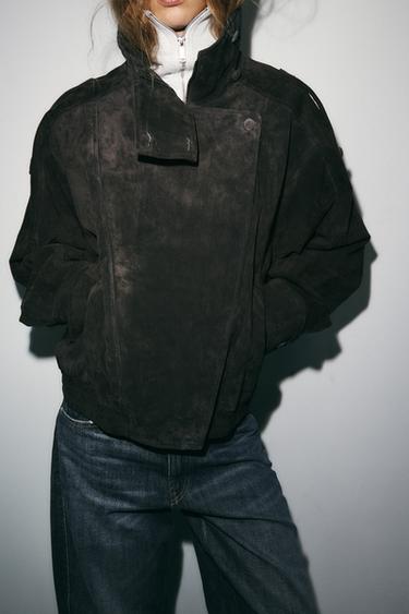 100% SUEDE LEATHER BIKER JACKET WITH COVERED BUTTONS - Charcoal by Zara