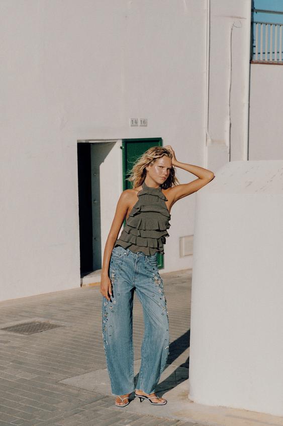 TRF HIGH-WAIST EMBROIDERED BARREL JEANS - Blue by Zara - Image 0