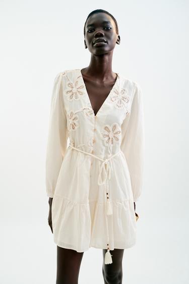 EMBROIDERED TEXTURED DRESS - Ecru by Zara