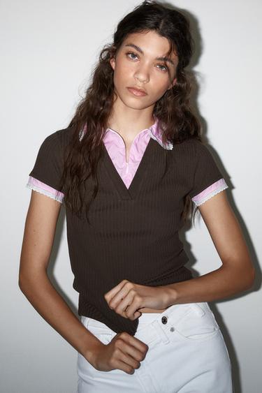 RIBBED T-SHIRT WITH PETER PAN COLLAR - Brown by Zara
