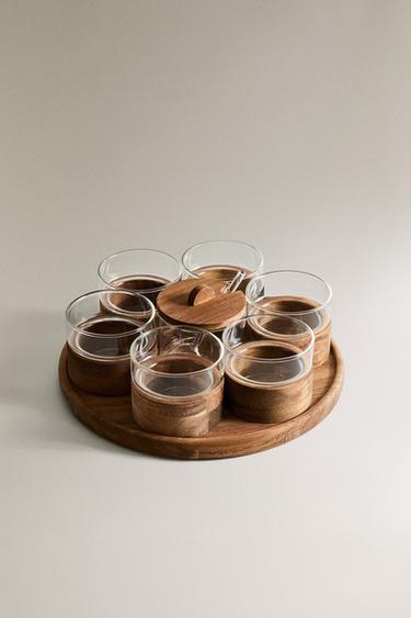 SET OF WOODEN TUMBLERS AND SUGAR BOWL - Light beige by Zara