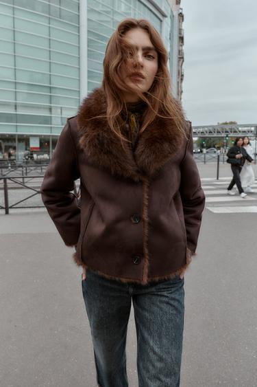 REVERSIBLE DOUBLE-FACED FAUX FUR JACKET - Dark brown by Zara