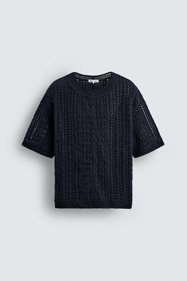 CROCHET TEXTURED T-SHIRT - Navy blue by Zara