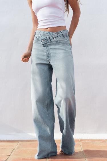 TRF WIDE-LEG HIGH-WAIST JEANS WITH WRAPAROUND WAIST - Light blue by Zara