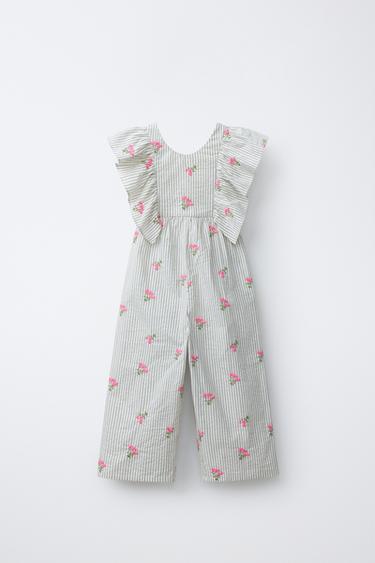 LONG JUMPSUIT WITH EMBROIDERED FLORAL STRIPES - Grey by Zara