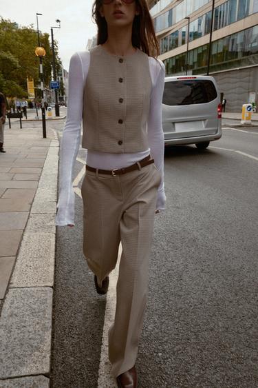 CHECK TROUSERS WITH BELT - Beige / Navy by Zara