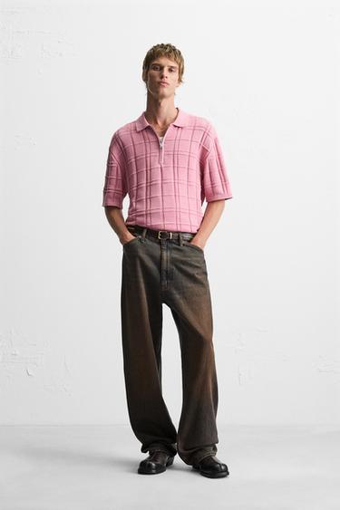 CHECKERED JACQUARD KNIT POLO SHIRT - Pink by Zara - Image 0