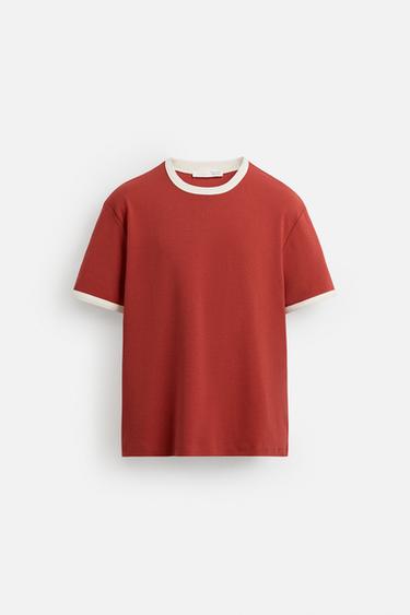 BASIC CONTRAST RIB T-SHIRT - Red by Zara