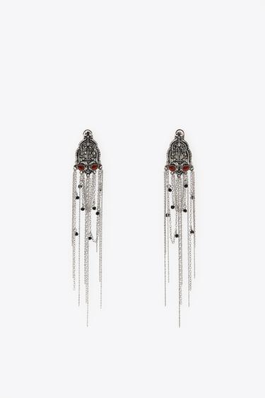 METAL CHAIN AND BEAD EARRINGS - Silver by Zara