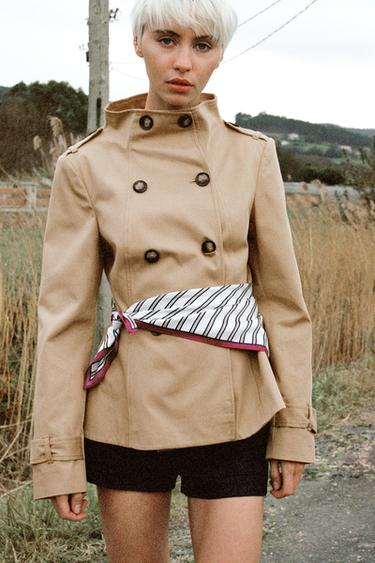 SHORT TRENCH COAT WITH PRINTED SCARF - Tobacco by Zara