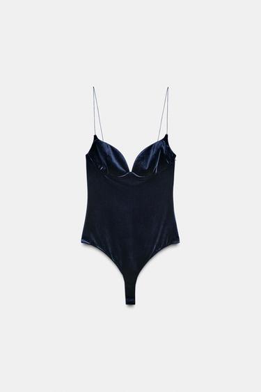 STRAPPY VELVET BODYSUIT - Navy blue by Zara