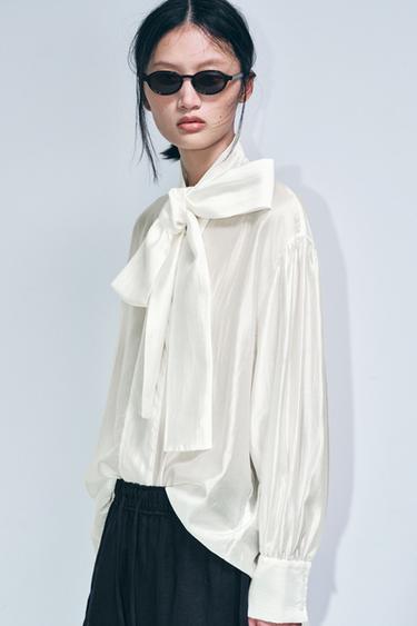 ZW COLLECTION SATIN SHIRT WITH TIES - Oyster-white by Zara