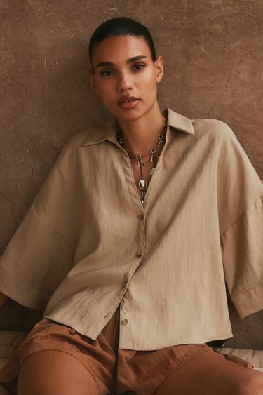 WIDE SHORT SLEEVE SHIRT - Mid-camel by Zara