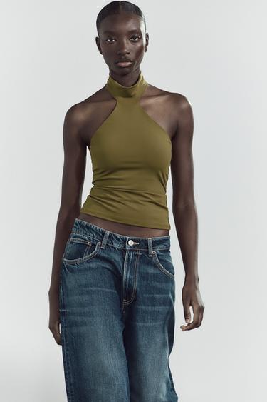 POLYAMIDE HALTER TOP - Olive green by Zara