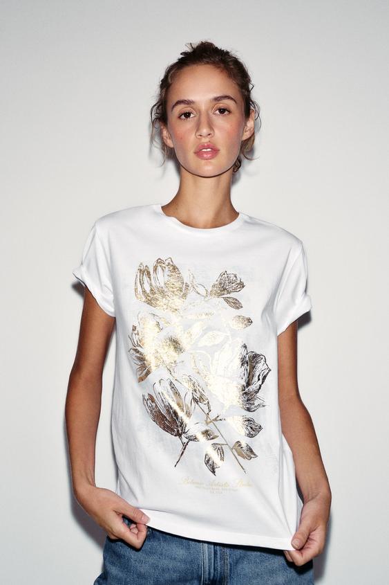 METALLIC SHORT SLEEVE T-SHIRT - Golden by Zara - Image 0