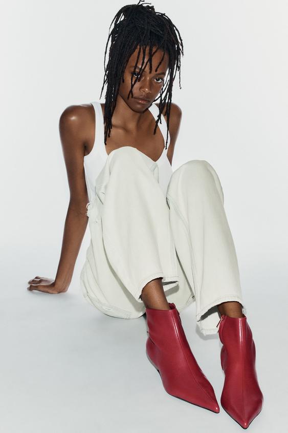SOFT LEATHER KITTEN-HEEL ANKLE BOOTS - Red by Zara - Image 0
