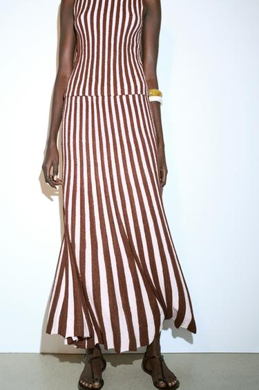 TEXTURED STRIPED PLEATED SKIRT - Brown Stripes by Zara