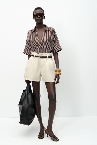 Z1975 DENIM PAPERBAG BERMUDA SHORTS WITH BELT - Ecru by Zara