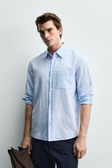 LINEN/COTTON REGULAR FIT SHIRT - Sky blue by Zara