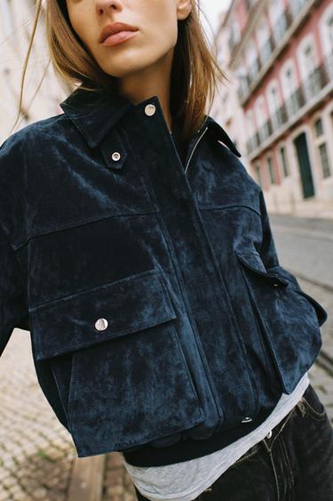 100% LEATHER BOMBER JACKET - Navy blue by Zara