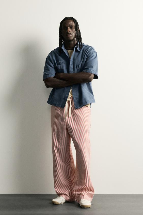 STRIPED BAGGY FIT TROUSERS - Red by Zara - Image 0