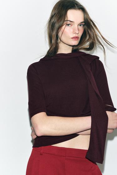 100% SOFT WOOL T-SHIRT - Dark burgundy by Zara