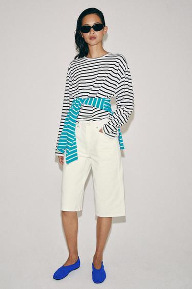 STRIPED COTTON AND LINEN T-SHIRT - Black / White by Zara