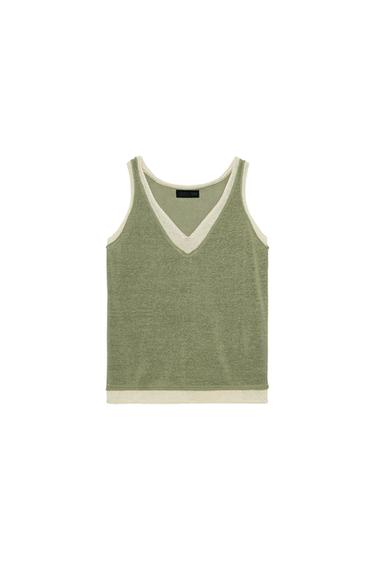 KNIT TOP WITH CONTRAST DETAILING - Khaki by Zara