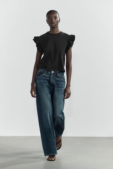 FRILLED WASHED-EFFECT T-SHIRT - Black by Zara