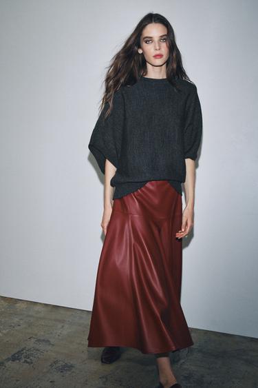 ZW COLLECTION LEATHER EFFECT MIDI SKIRT - Burgundy by Zara