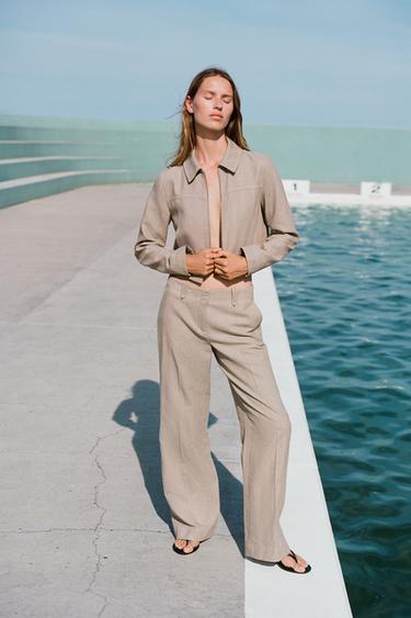 STRAIGHT CUT HERRINGBONE TROUSERS - Sand by Zara
