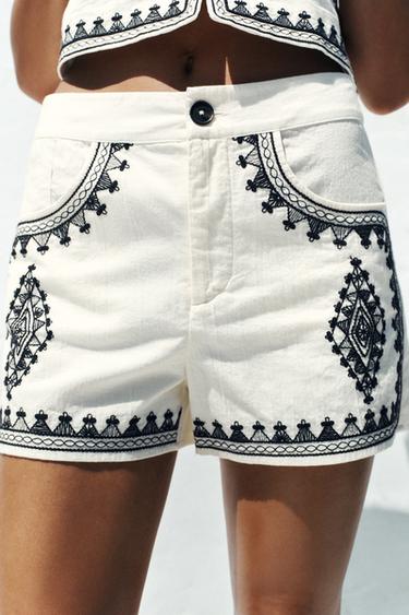 CONTRAST EMBROIDERY BERMUDA SHORTS - Ecru by Zara - Image 0