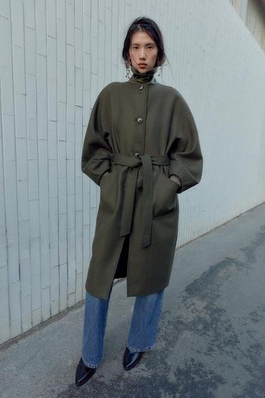 WOOL COAT WITH PUFF SLEEVES AND CONTRAST COLLAR - Khaki by Zara