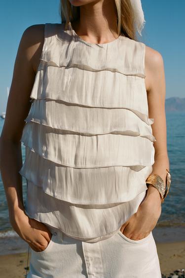 SHIMMER-EFFECT RUFFLED TOP - Pearl / Beige by Zara