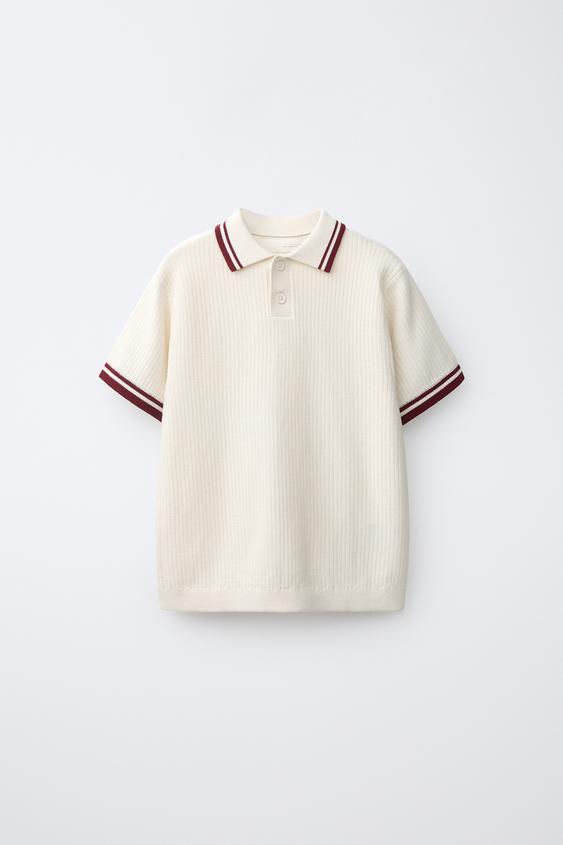 RIBBED KNIT POLO SHIRT WITH PIPING - Ecru by Zara - Image 0