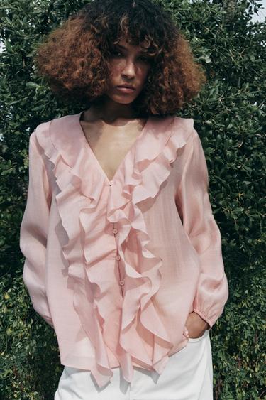ZW COLLECTION RUFFLED SHIRT - Pastel pink by Zara