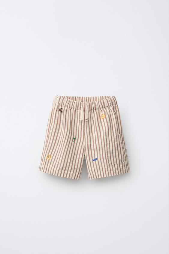 EMBROIDERED STRIPED BERMUDA SHORTS - brown/white by Zara - Image 0