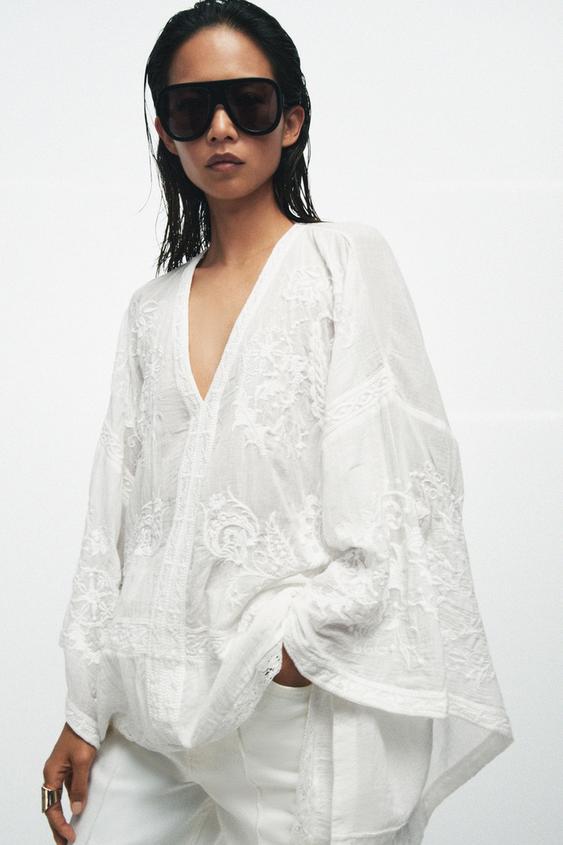 ZW COLLECTION EMBROIDERED CAPE BLOUSE - White by Zara - Image 0