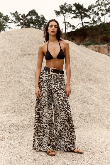 SATIN WIDE-LEG TROUSERS WITH BELT - Leopard by Zara