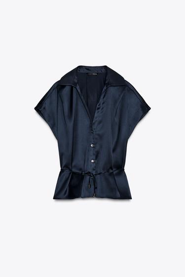 SATIN SHIRT WITH BELT - Navy blue by Zara