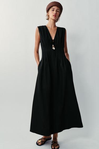LINEN BLEND MIDI DRESS WITH PIN TUCKS - Black by Zara