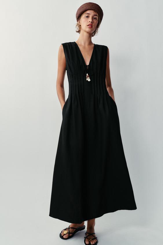 LINEN BLEND MIDI DRESS WITH PIN TUCKS - Black by Zara - Image 0