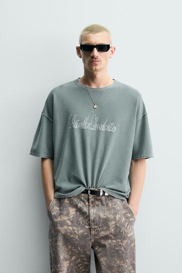 SPRAY PRINTED KNIT T-SHIRT - washed green by Zara