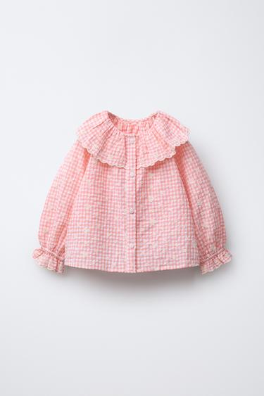 GINGHAM CHECK BLOUSE WITH EMBROIDERED FLOWERS - Light pink by Zara - Image 0
